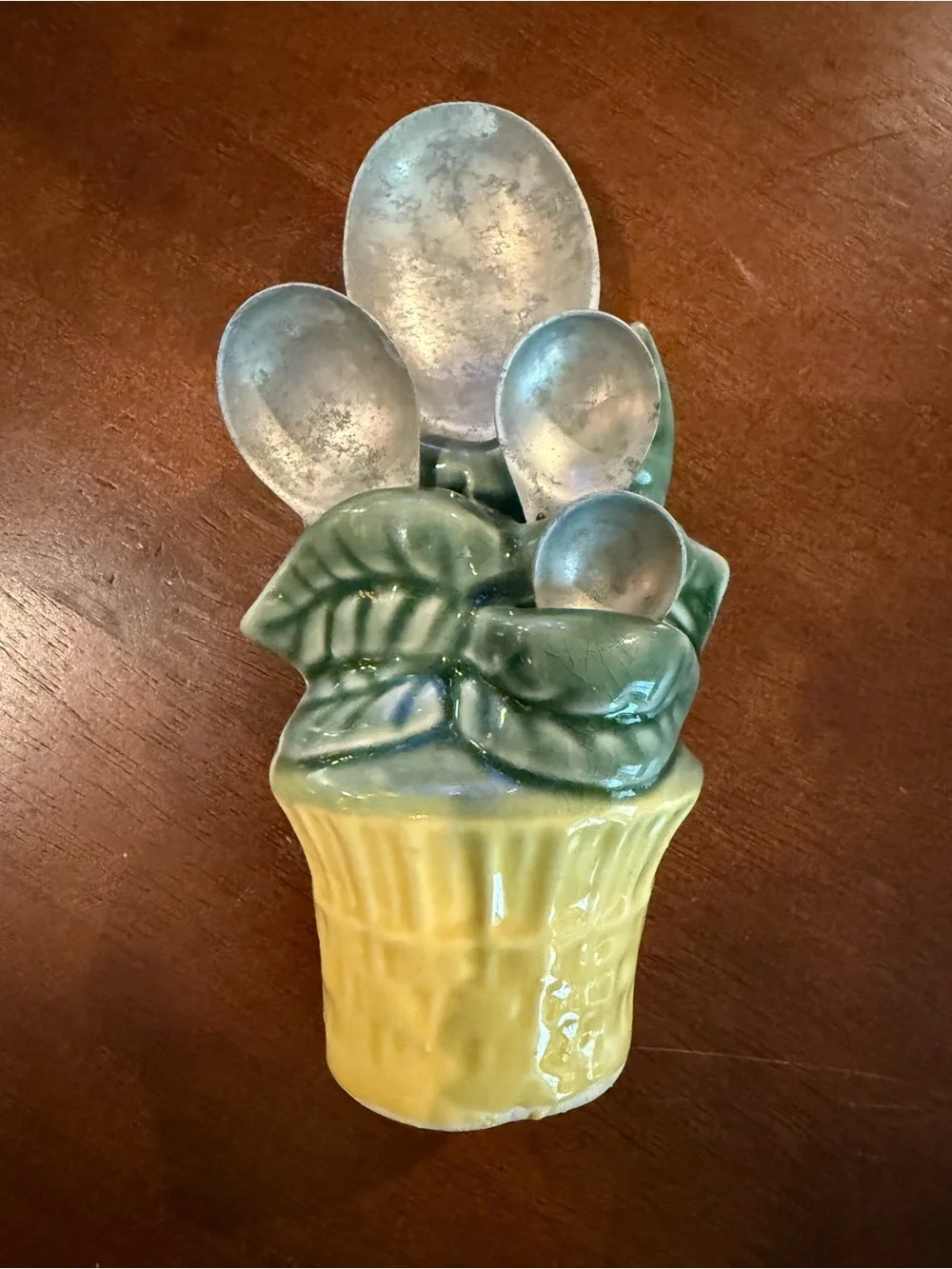 Vintage Ceramic Leaf & Basket Spoon Holder in Green and Yellow